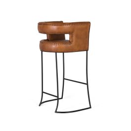 GINER Y COLOMER Tabouret en cuir naturel cognac avec structure métallique noire curviligne - Hauteur 101 cm, largeur 60 cm
