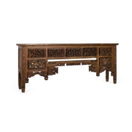 GINER Y COLOMER Console en bois de teca massif style balinais avec 5 tiroirs et pieds sculptés main - 220x40x91 cm