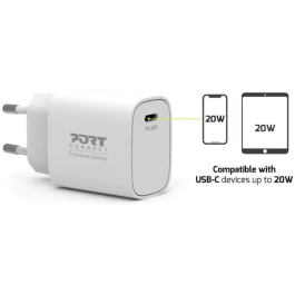 Port Designs 900031EU - Chargeur Secteur USB-C 20 W Power Delivery Blanc - Pour Smartphone, Tablette et Power Bank