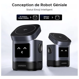 Ugreen Robot Qi2 Station de charge sans fil 2 en 1 Noir - Recharge rapide pour iPhone MagSafe et autre appareil, support intégré