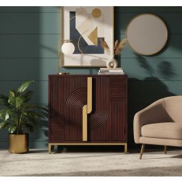 GINER Y COLOMER Buffet en bois massif de manguier couleur noyer, design moderne avec détails dorés, portes à motifs géométriques, étagère intérieure - 73x42 cm