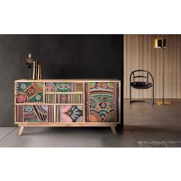 GINER Y COLOMER Commode Buffet TV en Mango et MDF Artisanale, 5 tiroirs et 1 porte Peinte à la Main (105x60x36 cm, Couleur Naturelle et Multicolore)
