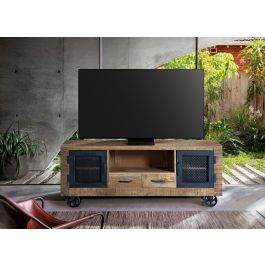 GINER Y COLOMER Meuble TV industriel en bois de manguier et métal, couleur naturel - 150 x 60 x 38 cm, structure en bois massif avec portes métal, finition artisanale