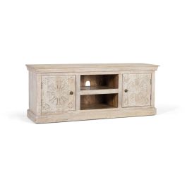 GINER Y COLOMER Buffet TV avec 2 portes, 2 espaces de rangement et 2 étagères en bois de manguier massif - Finition couleur sable