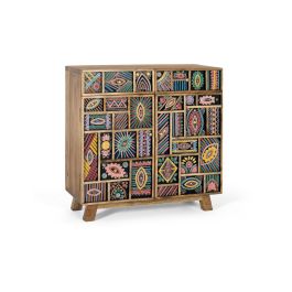 Giner y Colomer - Buffet en bois de manguier massif 80 cm, 2 portes 2 tiroirs, finition naturelle avec détails peints à main