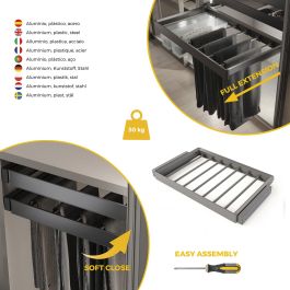 Emuca Kit de porte-pantalon à 7tringles et rack ajustable Quartz pour armoires, glissières extension totale et à fermeture douce, Module 80cm, Finition Titane