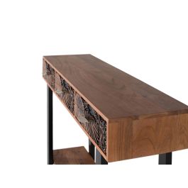 GINER Y COLOMER Console de salon en acacia massif teinté marron 120x35x91 cm, 3 tiroirs, pieds métal noir, finition naturelle et noir, avec patins antidérapants