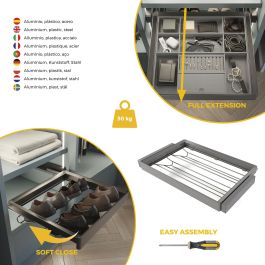Emuca Kit tiroir à chaussures et rack ajustable Quartz pour armoires, glissières extension totale et à fermeture douce, Module 80cm, Finition Titane
