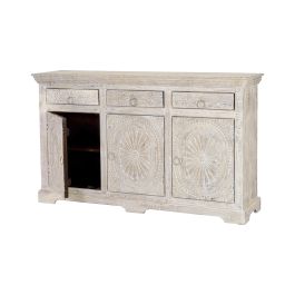 GINER Y COLOMER - Buffet 3 portes et 3 tiroirs en bois de manguier massif, finition blanc vieilli antique, dimensions 90 x 150 x 40 cm