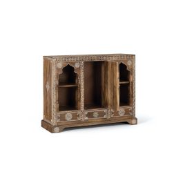 GINER Y COLOMER Console d'Entrée en Bois de Manguier Artisanale avec Porte et 3 Tiroirs, Finition Naturelle et Blanc, 100x79x35 cm
