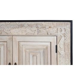GINER Y COLOMER Buffet 4 Portes en Bois de Mango Sculpté à la Main Talla2 - Ton Naturel et Noir avec Poignées Bronze - 195 cm