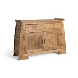 GINER Y COLOMER - Buffet en bois de teca massif style oriental avec 2 tiroirs et 2 portes sculptées, finition naturelle rustique - Dimensions L110 x P41 x H77 cm