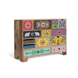 GINER Y COLOMER Commode peinte à main avec motifs de fleurs, éléphants et figures géométriques en bois de manguier - 120 x 40 x 90 cm, Multicolore