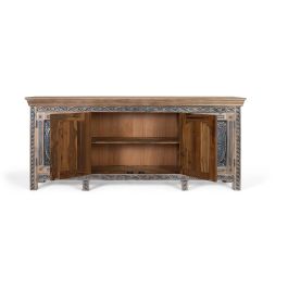 GINER Y COLOMER Aparador Buffet en Bois de Teca Massif Sculpté à la Main, Finition Bicolore Naturel et Bleu Patiné, 95x40 cm