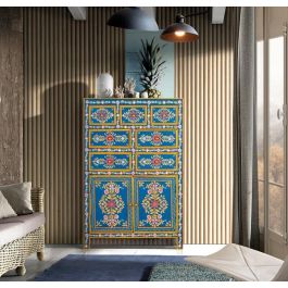 GINER Y COLOMER Buffet haut 122 cm en bois de manguier et MDF avec 7 tiroirs et 2 portes, peint à la main - Multicolore