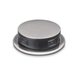 Emuca Multiconnecteur Vertikal Push 60, diamètre 60 mm, 3 prises de type Schuko, 1 USB de type A, 1 USB de type C, Acier et plastique, Acier inoxydable