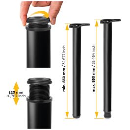 Emuca Lot de 4 pieds de table, diamètre 60mm, H 830mm, Acier, Peint en noir