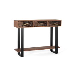 GINER Y COLOMER Console de salon en acacia massif teinté marron 120x35x91 cm, 3 tiroirs, pieds métal noir, finition naturelle et noir, avec patins antidérapants