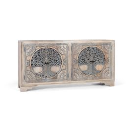 GINER Y COLOMER - Buffet en bois de manguier avec 4 portes décorées à la main, motifs sculptés Arbre de Vie, finition naturelle et bleue, intérieur avec étagères