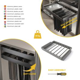 Emuca Kit de porte-pantalon à 7tringles et rack ajustable Quartz pour armoires, glissières extension totale et à fermeture douce, Module 70cm, Finition Titane