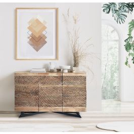 GINER Y COLOMER - Buffet 3 portes et 3 tiroirs en bois d'acacia massif avec patines naturelle et noire, pieds en fer forgé (90x140x40 cm)