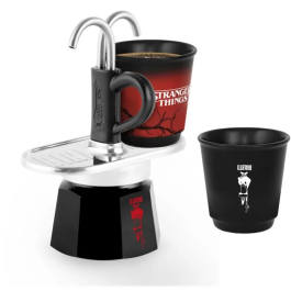 Bialetti Cafetière italienne Moka Express Stranger Things, Noir/Rouge, 130 ml avec 2 tasses thermosensibles - Édition collector