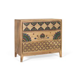 GINER Y COLOMER Commode en bois massif de manguier avec détails peints à la main - Design robuste naturel