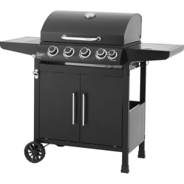 Cookingbox Barbecue à gaz 4 brûleurs avec couvercle thermomètre et grille chaude, surface de cuisson 60x42 cm, chariot avec rangement et roues, finition noire Precio: 335.052. SKU: B1AXB8RFK9