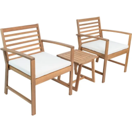 Salon de jardin Cali en bois d'Acacia FSC, 2 fauteuils + table basse carrée avec coussins écru en polyester 200g/m²