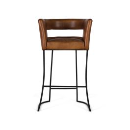 GINER Y COLOMER Tabouret en cuir naturel cognac avec structure métallique noire curviligne - Hauteur 101 cm, largeur 60 cm