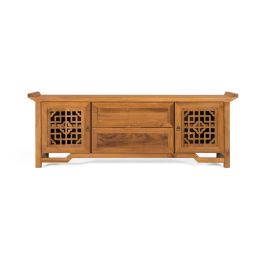 GINER Y COLOMER - Meuble TV en teck massif, style ethnique contemporain avec 2 portes sculptées et 2 tiroirs, finition miel clair, 180 cm de largeur