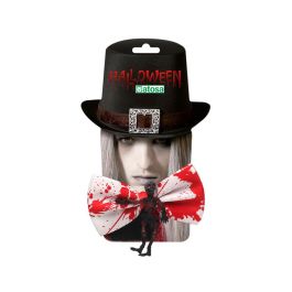 Nœud papillon pour homme blanc avec motif tête de mort et taches de sang - Accessoire de déguisement macabre pour soirée à thème, Halloween ou costume