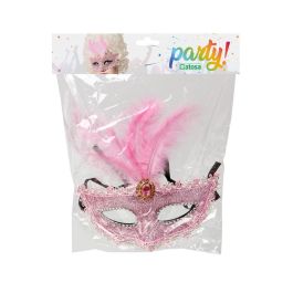 Masque vénitien rose avec délicat encage et plumes pour carnaval, fête, Halloween ou théâtre