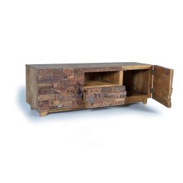 GINER Y COLOMER Buffet Télévision en Manguier et Bois Récupéré 2 Portes 1 Tiroir 180x60x50 cm Ton Naturel