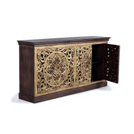 GINER Y COLOMER Aparador Buffet en Bois de Mango Sculpté avec Pan de Oro, Noir Doré et Noyer