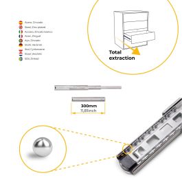Emuca Lot de 5 jeux de coulisses pour tiroirs, roulement à billes, hauteur 45mm, profondeur 300mm, sortie totale, zingué