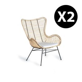 GINER Y COLOMER Lot de 2 chaises en rotin et métal avec coussins - Assise 50x50 cm, dossier 56 cm - Couleur Naturelle