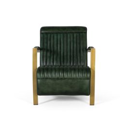 GINER Y COLOMER - Fauteuil en cuir naturel vert avec structure métallique dorée, dossier et assise rembourrés, piètement en bois foncé