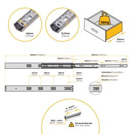 Emuca Lot de 5 jeux de coulisses de tiroirs, roulement à billes, hauteur 45mm, profondeur 500mm, sortie totale, fermeture amortie, Zingué