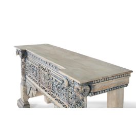 GINER Y COLOMER Console d'entrée en bois de manguier avec colonnes et panneau frontal sculptés à la main, finition blanc lavé et bleu