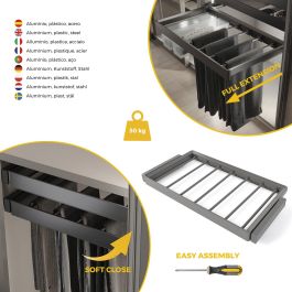 Emuca Kit de porte-pantalon à 7tringles et rack ajustable Quartz pour armoires, glissières extension totale et à fermeture douce, Module 90cm, Finition Titane