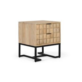 GINER Y COLOMER - Table de nuit en bois de manguier avec placage en pointe de diamant et base en métal noir - 42x13x31 cm