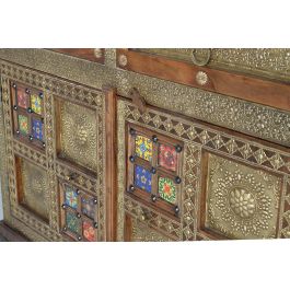Giner y Colomer Commode en Bois d'Acacia Massif Style Éthnique avec Applications Céramique et Bronze, Coloris Cerisier, 90x105x40 cm