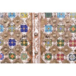 GINER Y COLOMER - Armadio en bois de manguier, 2 portes avec détails en céramique et bronze, couleur blanc vieilli, barre à vêtements intégrée