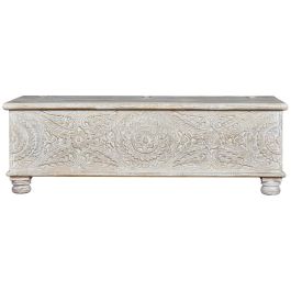 GINER Y COLOMER Baûl coffre de rangement en bois de manguier massif, finition blanc vieilli avec détails en bronze, 150 x 60 x 50 cm