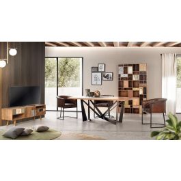 GINER Y COLOMER Meuble TV 160x50x40 cm en bois de mamelonnier couleur noyer clair avec 3 tiroirs et 2 portes, finitions bronze et cuir - 35 kg