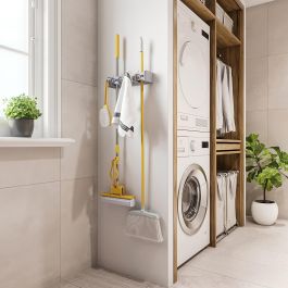 Emuca Porte balay et Porte Mops, avec 5 crochets et 4 trous, Plastique, Gris