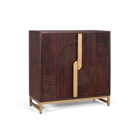 GINER Y COLOMER Buffet en bois massif de manguier couleur noyer, design moderne avec détails dorés, portes à motifs géométriques, étagère intérieure - 73x42 cm