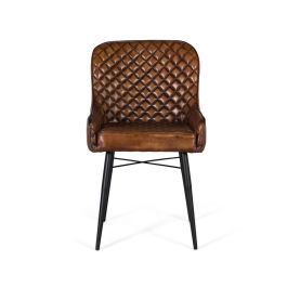 GINER Y COLOMER - Fauteuil design en cuir marron vieilli, dossier capitonné, structure en fer noir - 87x62x51 cm