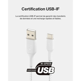Belkin Câble USB-C vers USB-A Tressé 0,15 m Blanc - Connexion Fiable et Design Épuré pour vos Périphériques